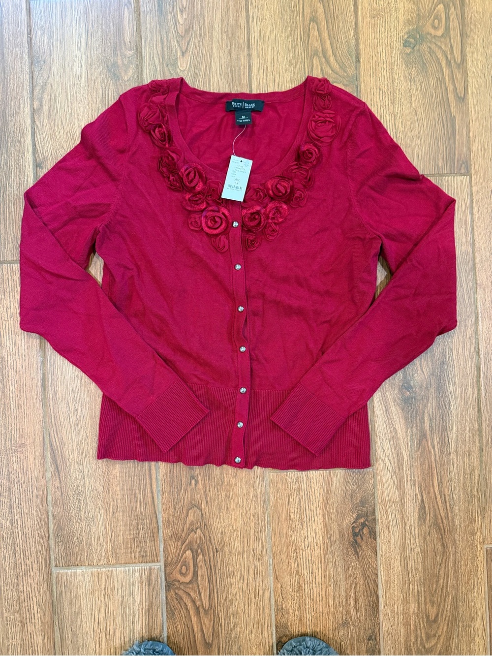 White House Black Market Red Floral Applique Cardigan Sweater